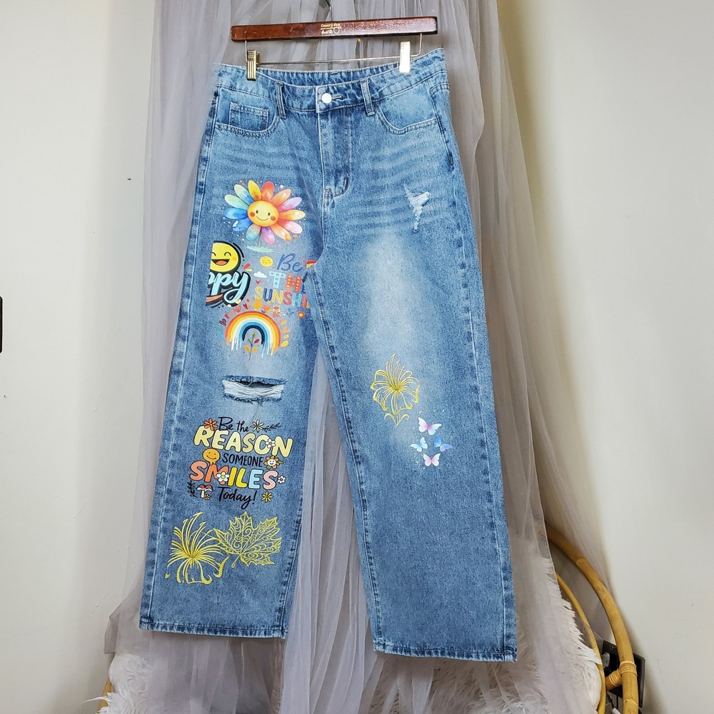 Hippacool Hippie Boho Wide Leg Jeans Relaxed Fit‎ Graphic Peace Love XL Barrel